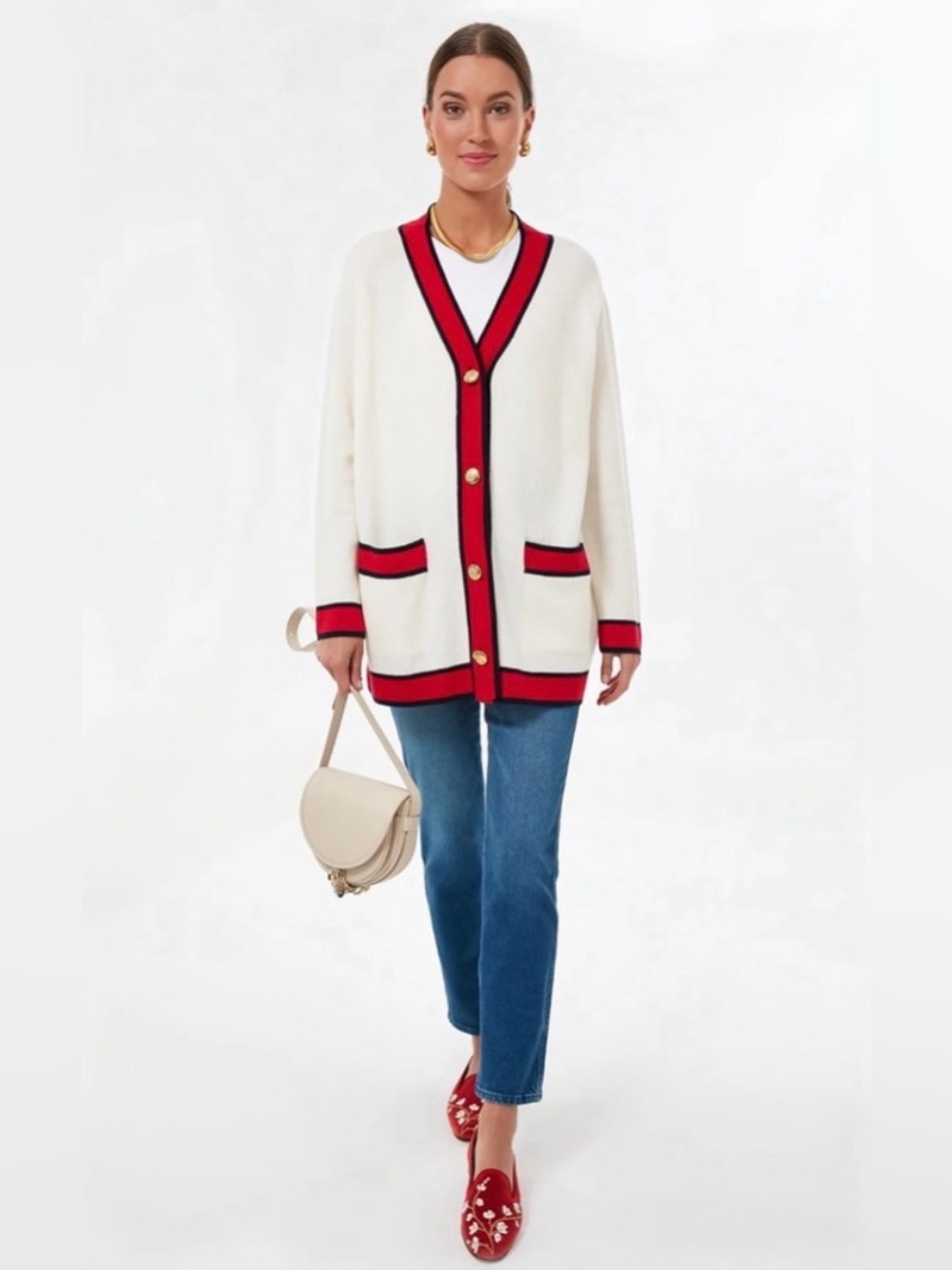 TUCKERNUCK Ivory Lauren Cardigan Preppy Varsity Oversized Wool Sweater Medium